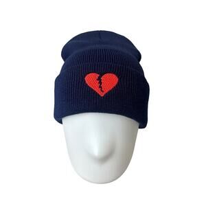 Navy Cuff Beanie with Embroidered Broken Heart - Unisex Winter Hat